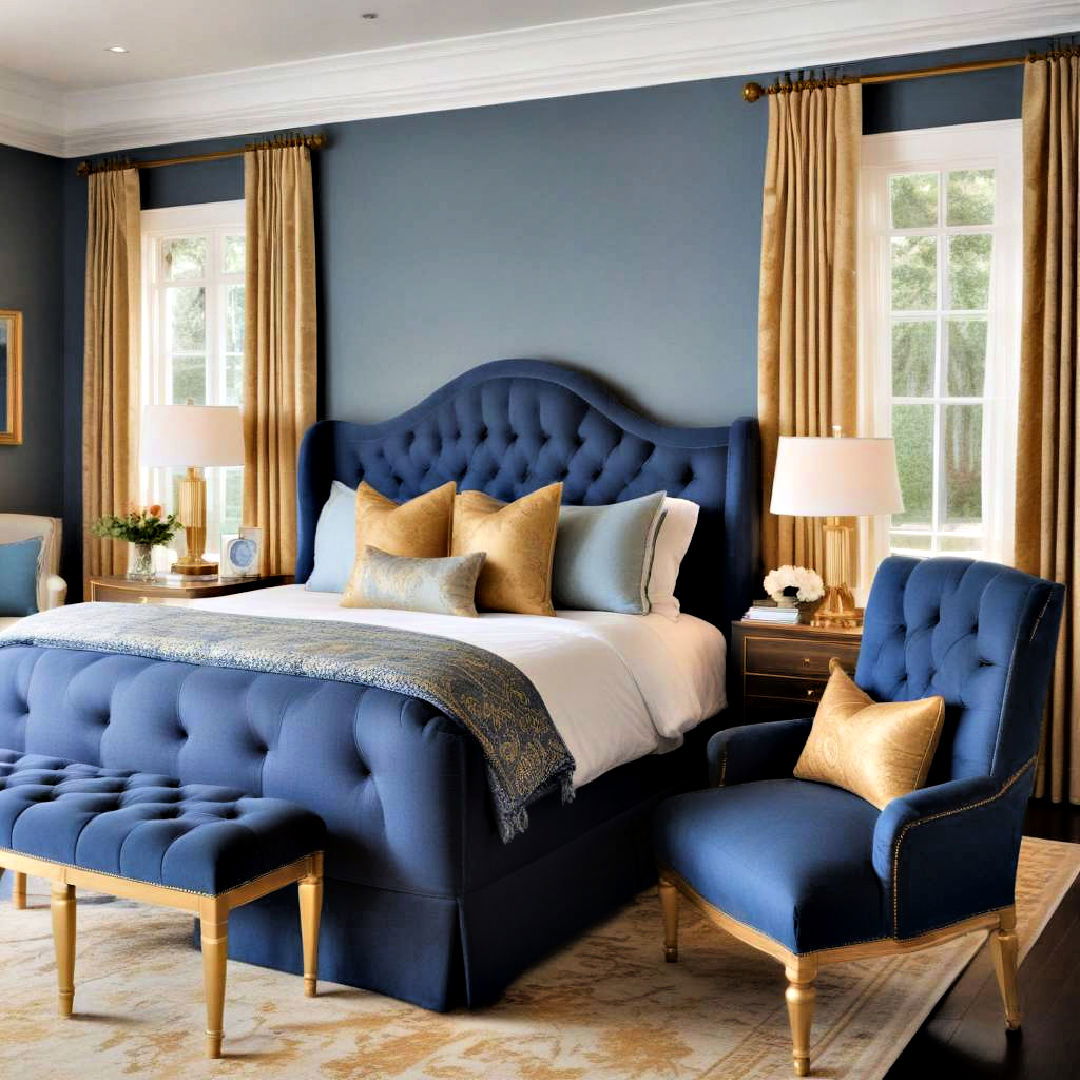 sophisticated blue upholstered furniture - 20 Blue and Gold Bedroom Ideas