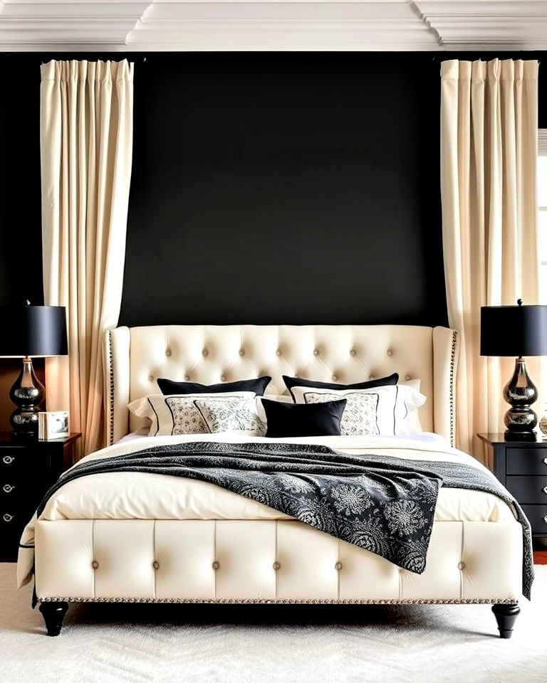 sophisticated cream upholstered bed - 35 Cream and Black Bedroom Ideas