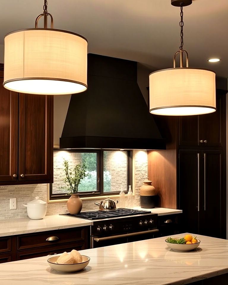 sophisticated drum shade pendant lights - 20 Kitchen Island Lighting Ideas
