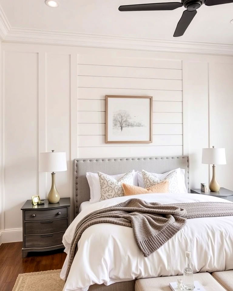sophisticated feature wall with paneling - 30 Transitional Bedroom Ideas
