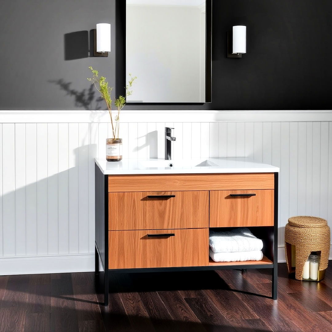 sophisticated freestanding vanity - 25 Dark Wood Floor Bathroom Ideas