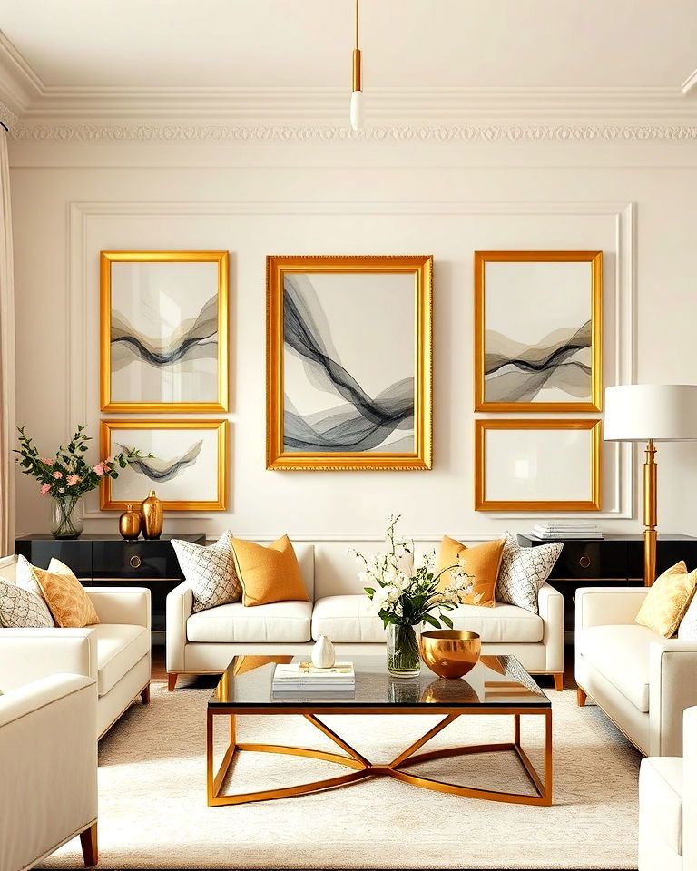 sophisticated gold framed artwork on cream walls - 20 Cream and Gold Living Room Ideas