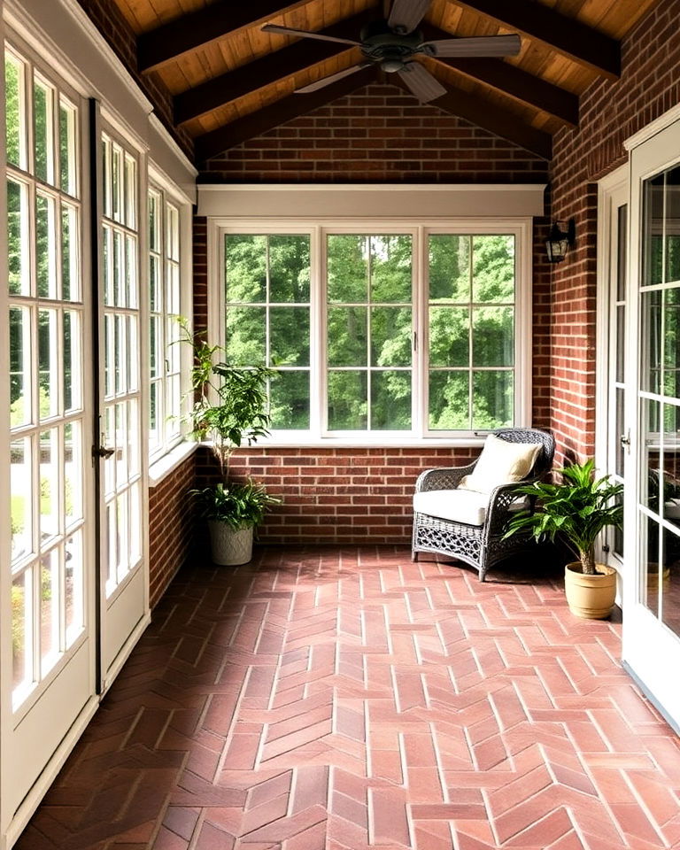 sophisticated herringbone brick pattern - 20 Brick Floor Sunroom Ideas