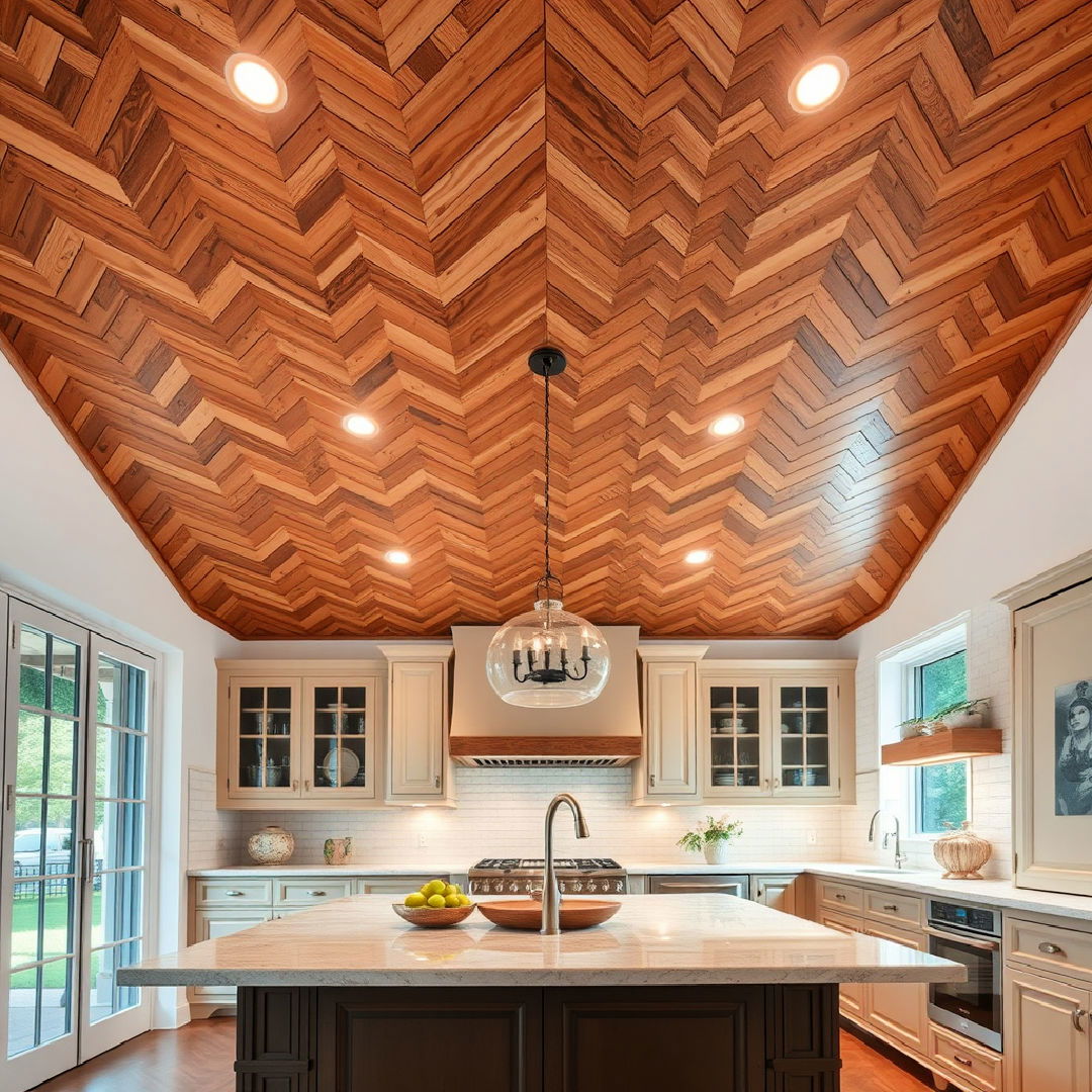 sophisticated herringbone wood ceiling kitchen - 15 Wood Ceiling Kitchen Ideas