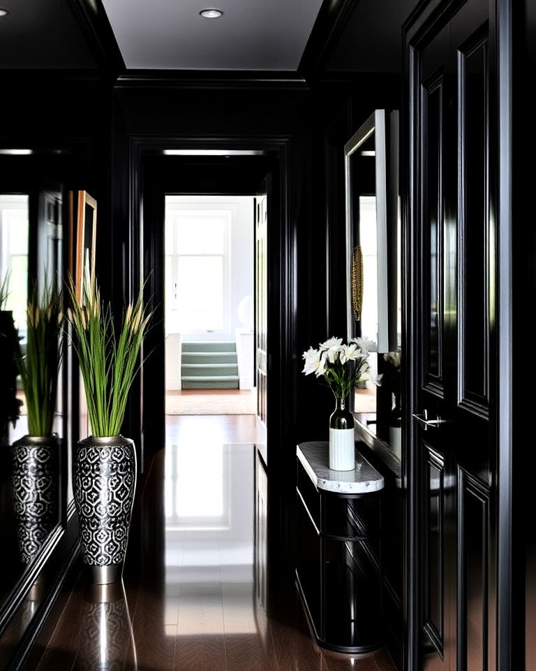 sophisticated high gloss black paint - 15 Black Hallway Ideas