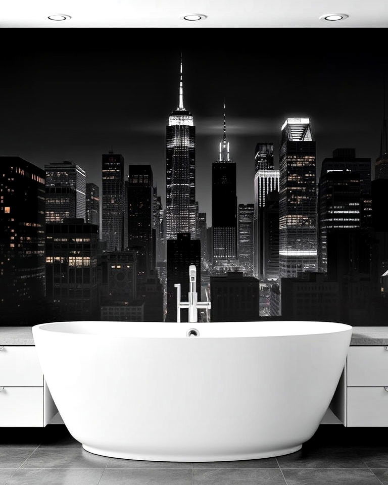sophisticated industrial urban skyline mural - 30 Bathroom Mural Ideas