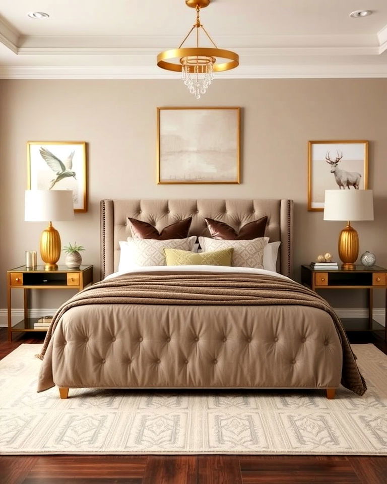 sophisticated metallic accents with taupe - 20 Taupe Bedroom Ideas
