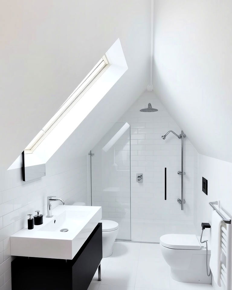 sophisticated minimalist monochrome design - 15 Sloped Ceiling Attic Bathroom Ideas