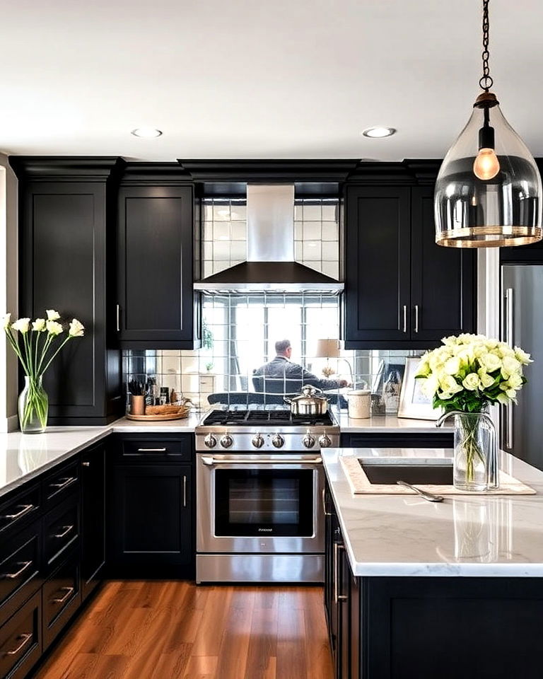 sophisticated mirrored backsplash with dark cabinets - 30 Mirrored Backsplash Kitchen Ideas
