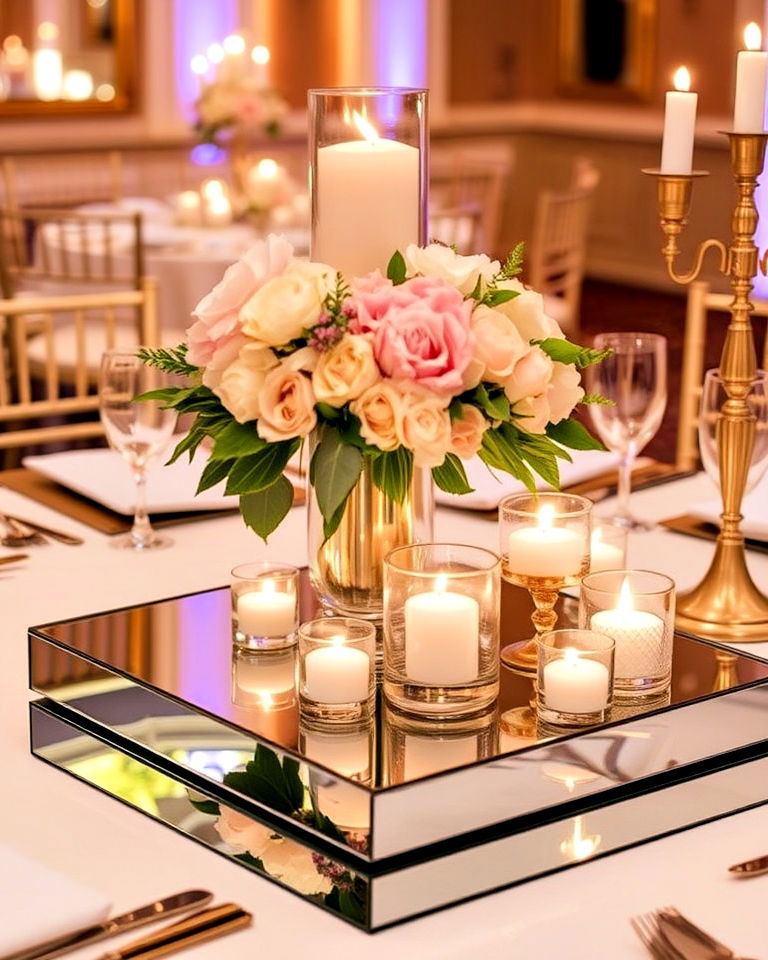 sophisticated mirrored centerpiece - 30 Wedding Table Decoration Ideas