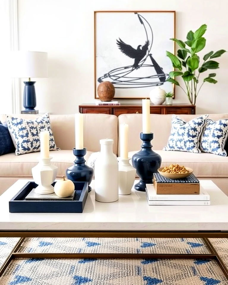 sophisticated navy and cream coffee table decor - 25 Navy and Cream Living Room Ideas