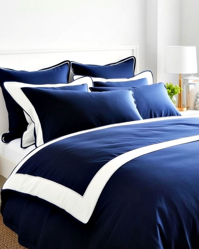 sophisticated navy blue bedding and white trim - 25 Blue and White Bedroom Ideas