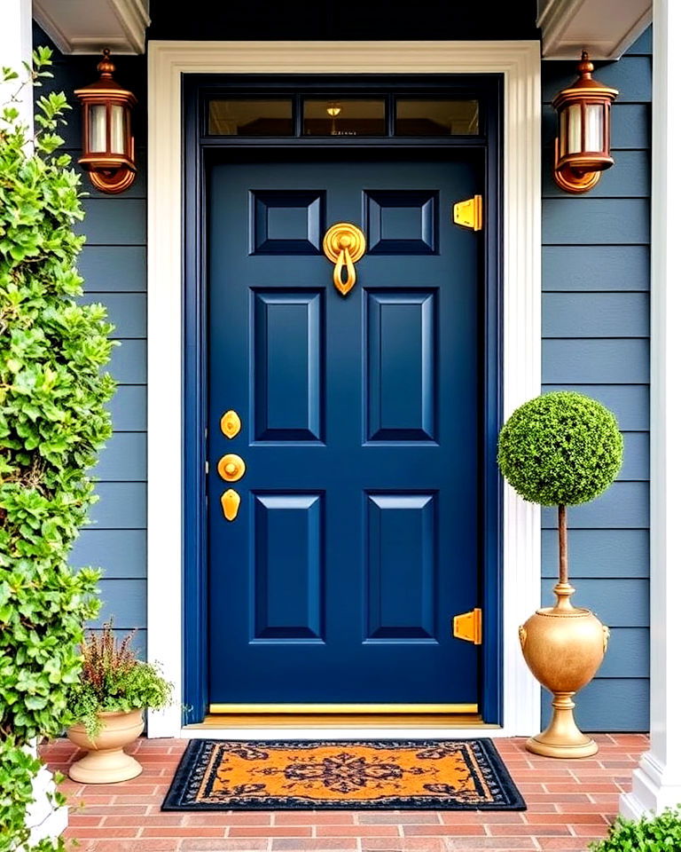 sophisticated navy blue door with brass accents - 20 Colonial Front Door Ideas