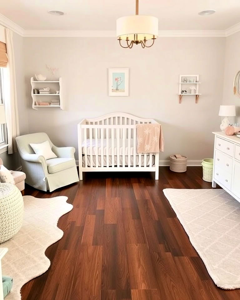 sophisticated nursery with dark walnut flooring - 20 Dark Walnut Floors for Rooms