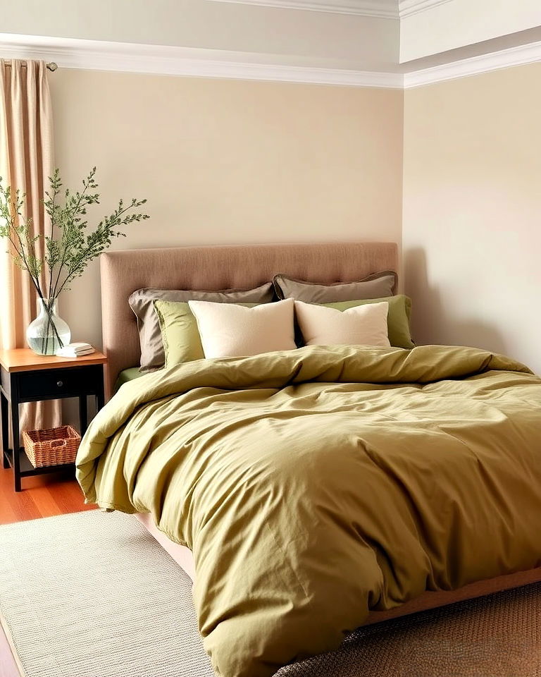 sophisticated olive and taupe layered bedding - 20 Green and Brown Bedroom Ideas