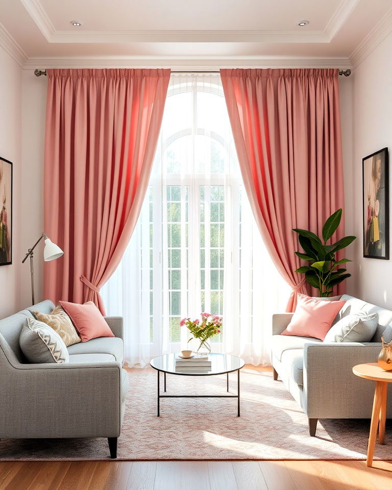 sophisticated pink curtains with grey furniture - 25 Pink and Grey Living Room Ideas