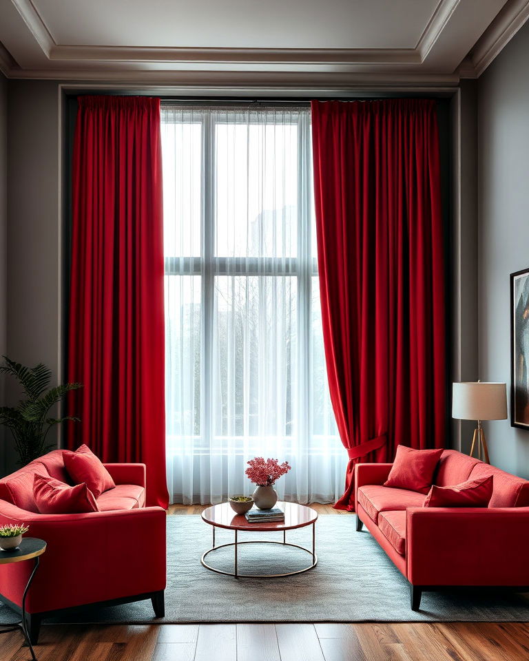 sophisticated red curtains against grey walls - 25 Red and Grey Living Room Ideas
