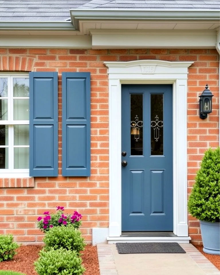 sophisticated slate blue highlights - 25 Tan Brick House Color Schemes
