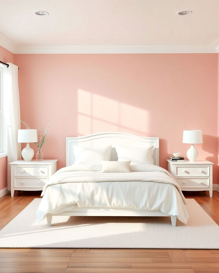 sophisticated soft pink accent wall with white furniture - 25 Pink and White Bedroom Ideas