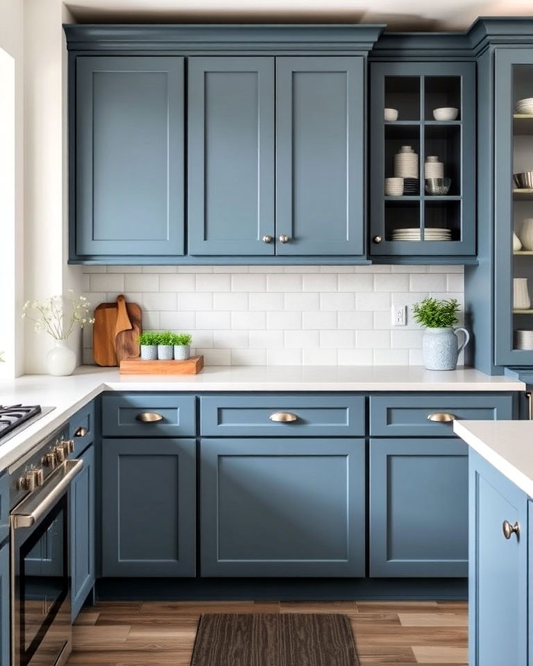 sophisticated steel blue cabinets - 40 Kitchen Cabinet Color Ideas