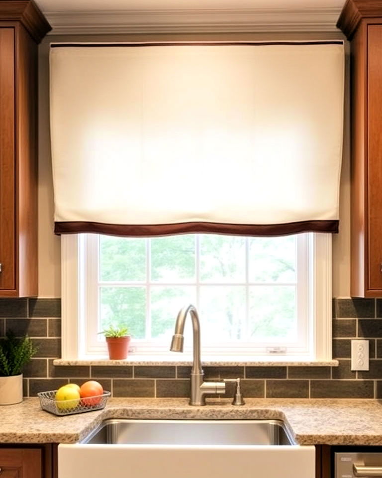 sophisticated tailored valance with contrast trim - 20 Kitchen Valance Ideas