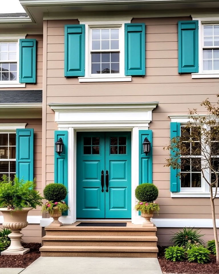 sophisticated taupe and teal combo - 25 Exterior Taupe House Color Combinations