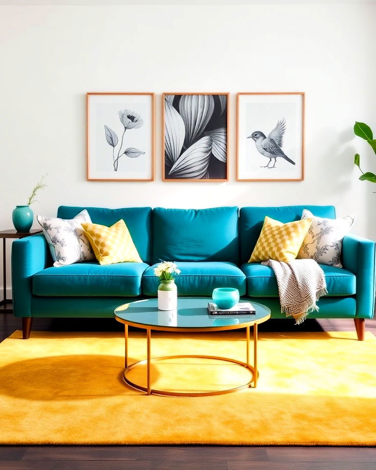 sophisticated teal sofa with yellow rug - 25 Teal and Yellow Living Room Ideas
