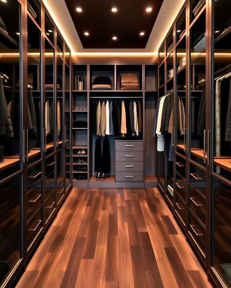sophisticated walk in closet with dark walnut floor - 20 Dark Walnut Floors for Rooms