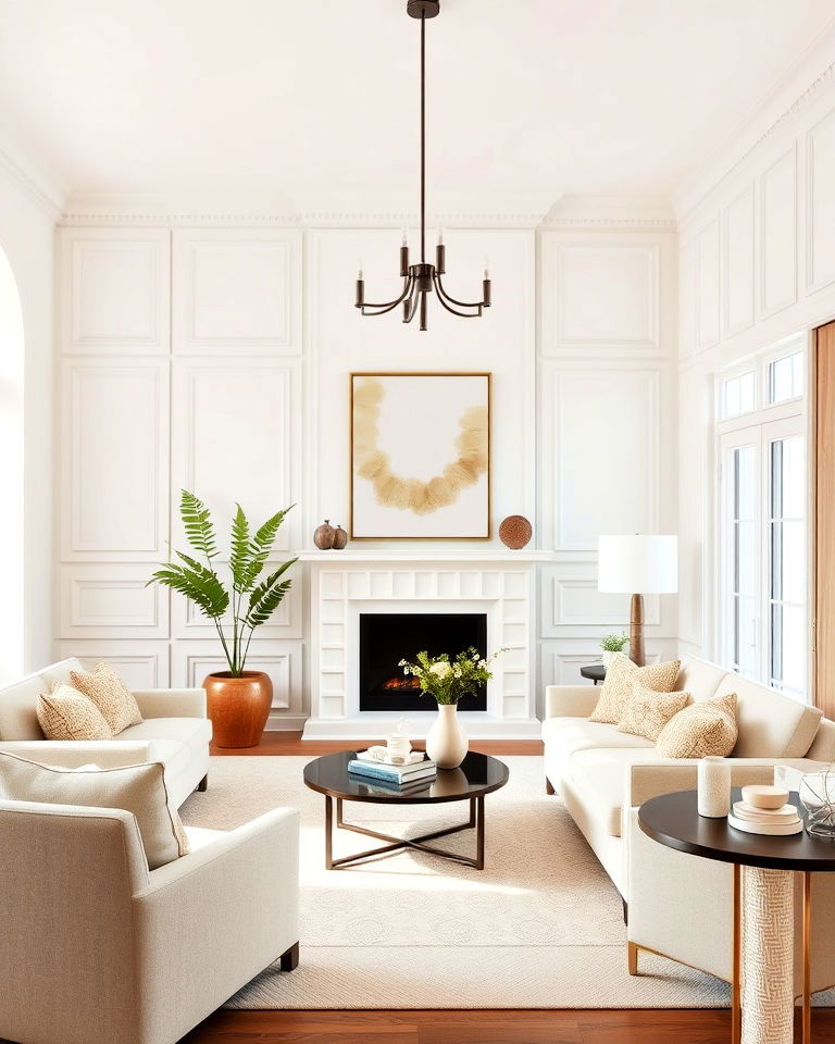 sophisticated white paneled walls - 20 Beige and White Living Room Ideas