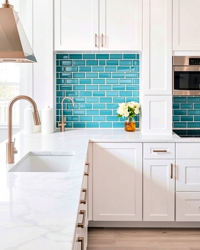 sophisticated white quartz countertops and teal backsplash - 20 Teal and White Kitchen Ideas