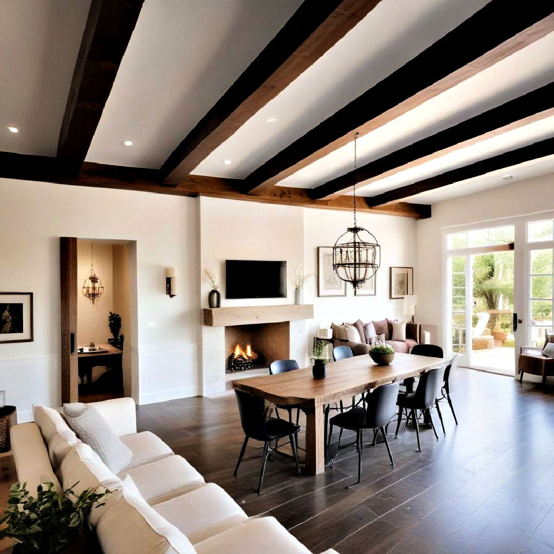 sophisticated wood beam and plaster combination - 25 Wood Ceiling Ideas