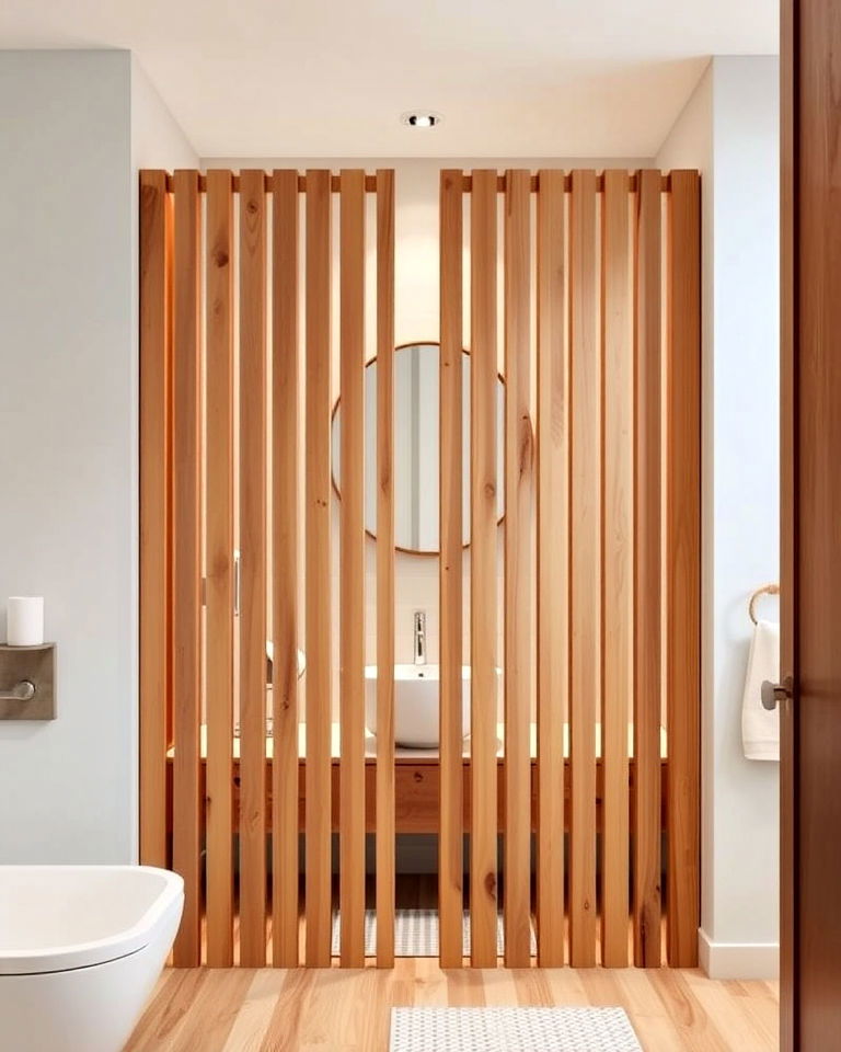 sophisticated wooden slat partition - 20 Bathroom Partition Ideas