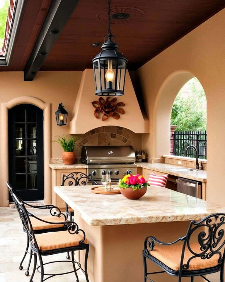 sophisticated wrought iron accents - 20 Spanish Style Outdoor Kitchen Ideas