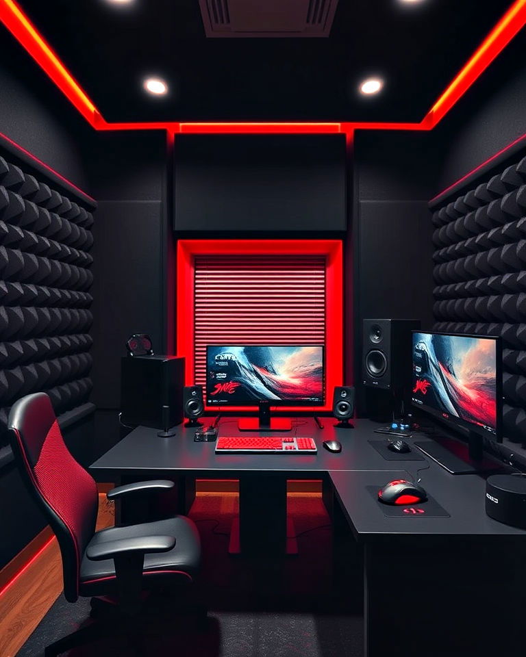 soundproof red and black gaming den - 20 Red and Black Gaming Setup Ideas