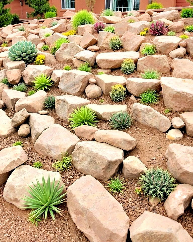southwest inspired front yard with tiered rock garden - 20 Southwest Landscaping Ideas for Front Yard