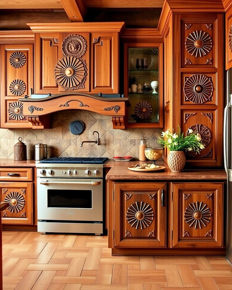 southwestern feel carved wooden cabinetry - 25 Southwestern Kitchen Ideas