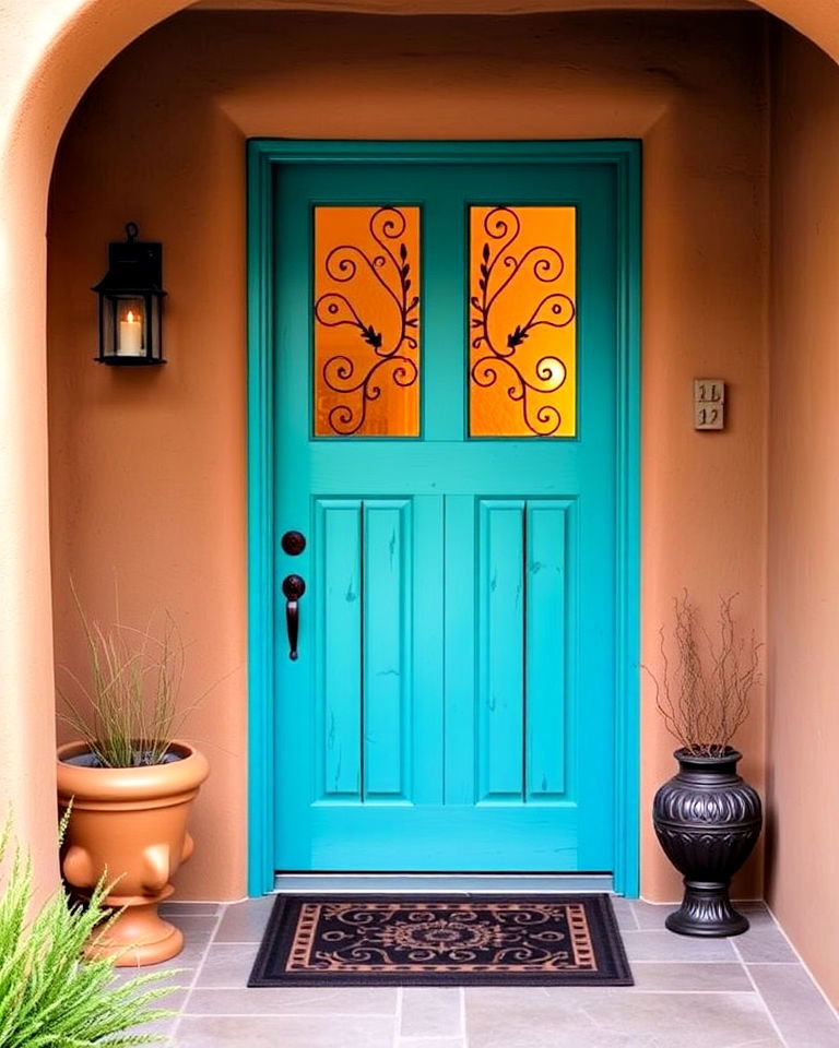 southwestern inspired turquoise door - 20 Turquoise Front Door Ideas