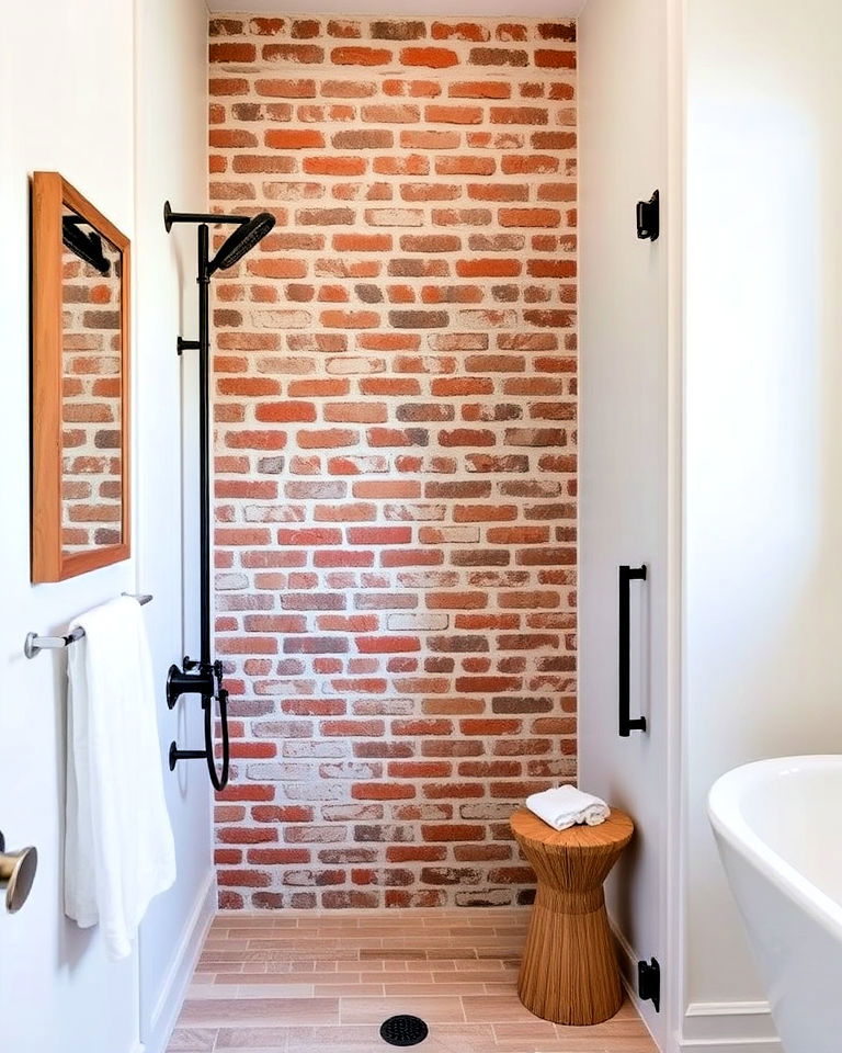 spa like appeal with brick accent wall in the shower - 20 Brick Accent Wall Ideas