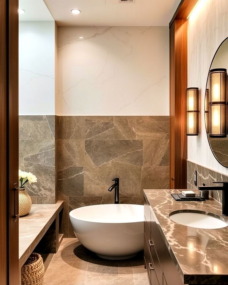spa like natural stone accents - 40 Primary Bathroom Ideas