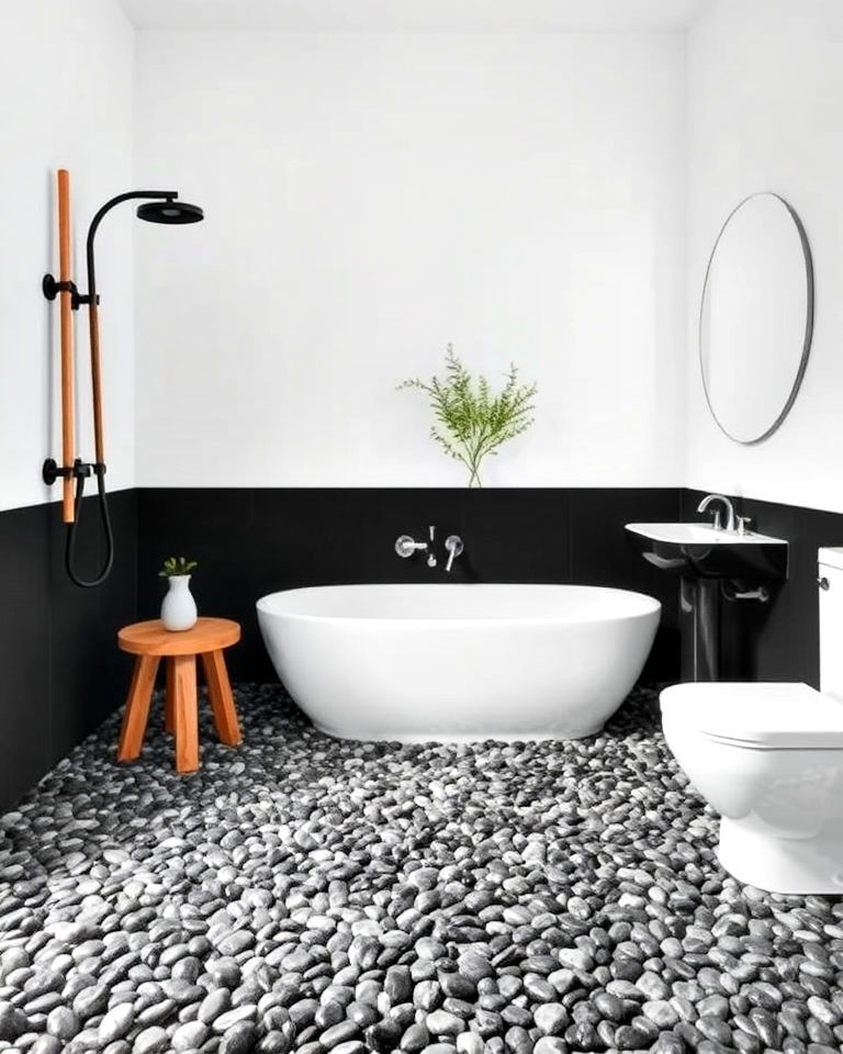 spa like vibe black pebble flooring for bathroom - 20 Black Floor Bathroom With White Walls Ideas