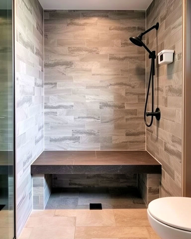 spa like vibe with built in shower bench - 20 Masculine Bathroom Ideas