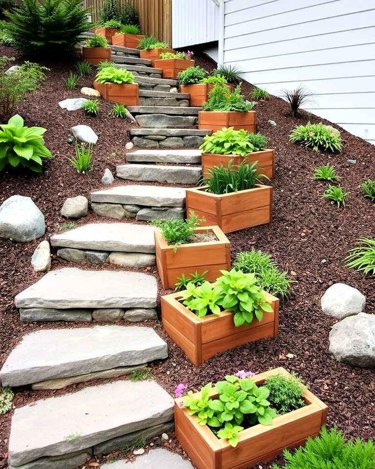 space efficient garden steps with planters - 25 Down Sloped Backyard Ideas