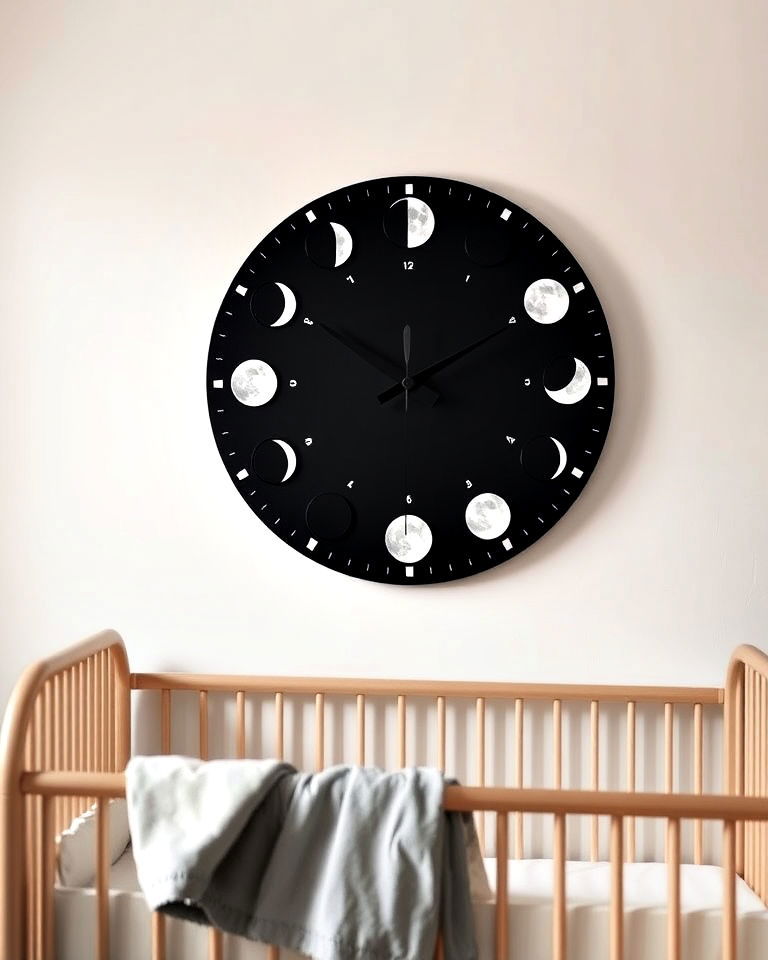 space inspired moon phases wall clock - 20 Space-themed Nursery Ideas