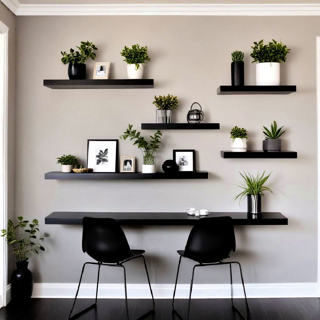 space saving black floating shelves - 30 Black Dining Room Ideas