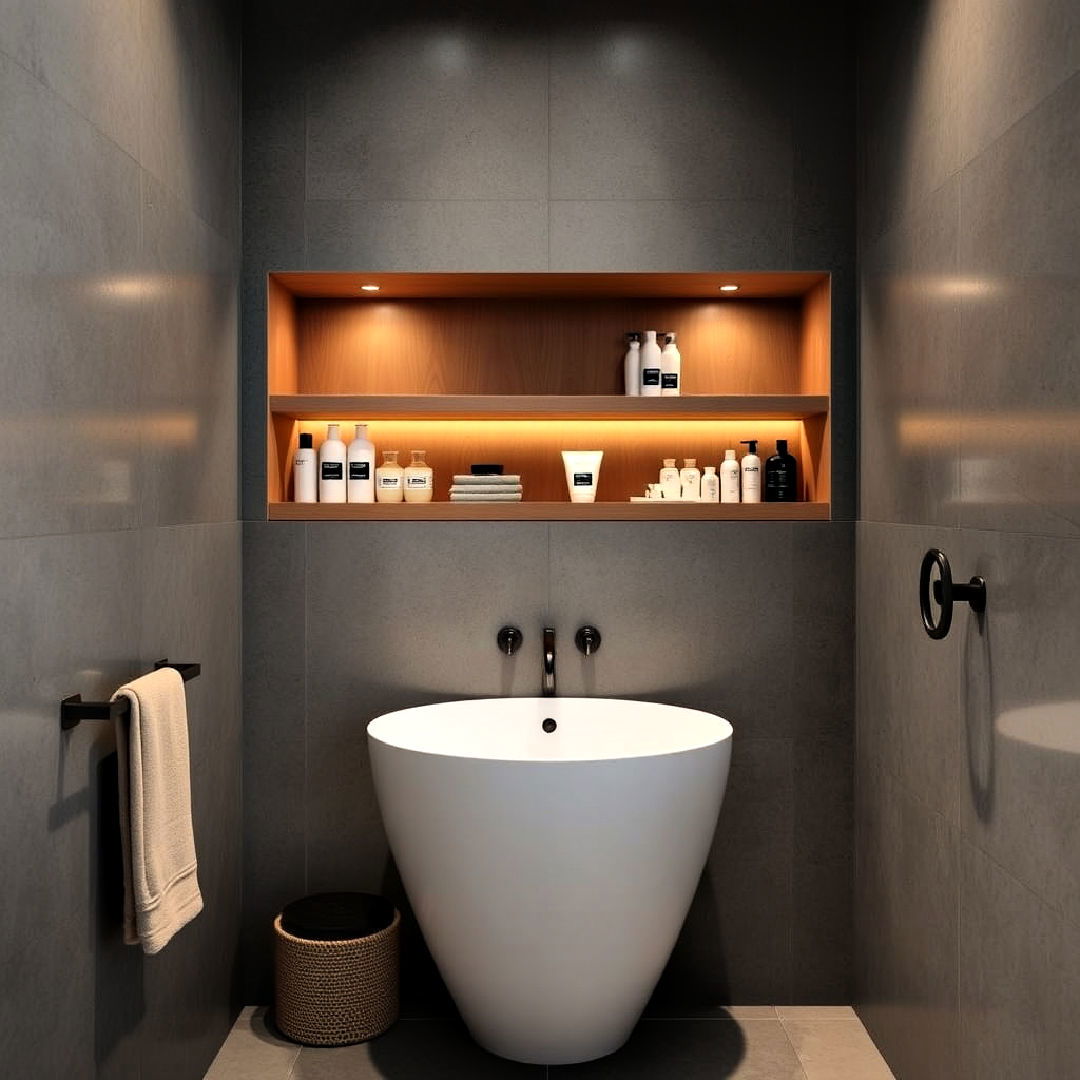 space saving built in alcove storage - 40 Japandi Bathroom Ideas