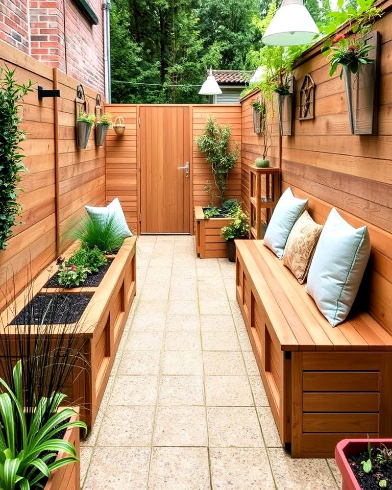 space saving built in bench - 20 Narrow Garden Ideas