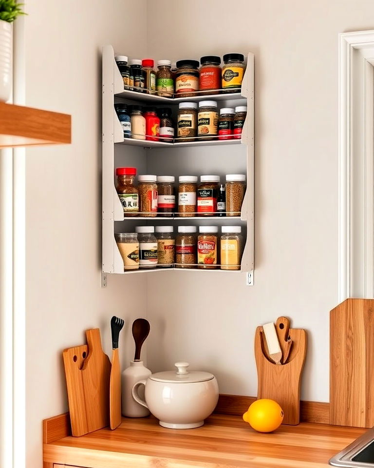 space saving corner wall mounted spice rack - 40 Spice Rack Ideas