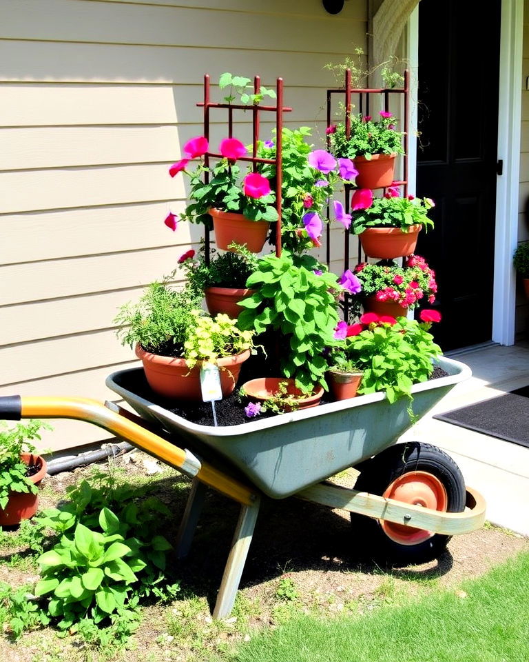 space saving vertical garden on wheels - 25 Old Wheelbarrow Ideas