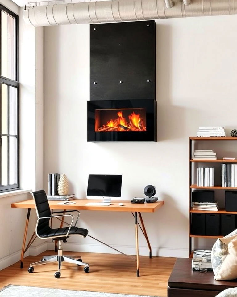 space saving wall mounted fireplace for loft office - 15 Home Offices With Fireplaces