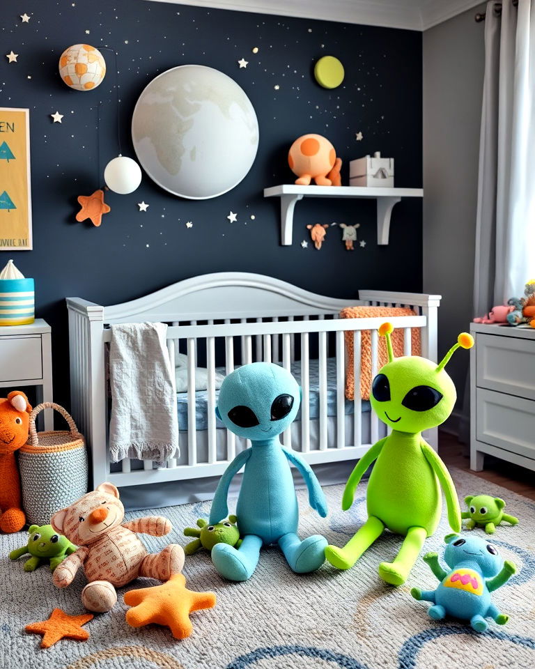 space themed nursery with alien plush toys - 20 Space-themed Nursery Ideas